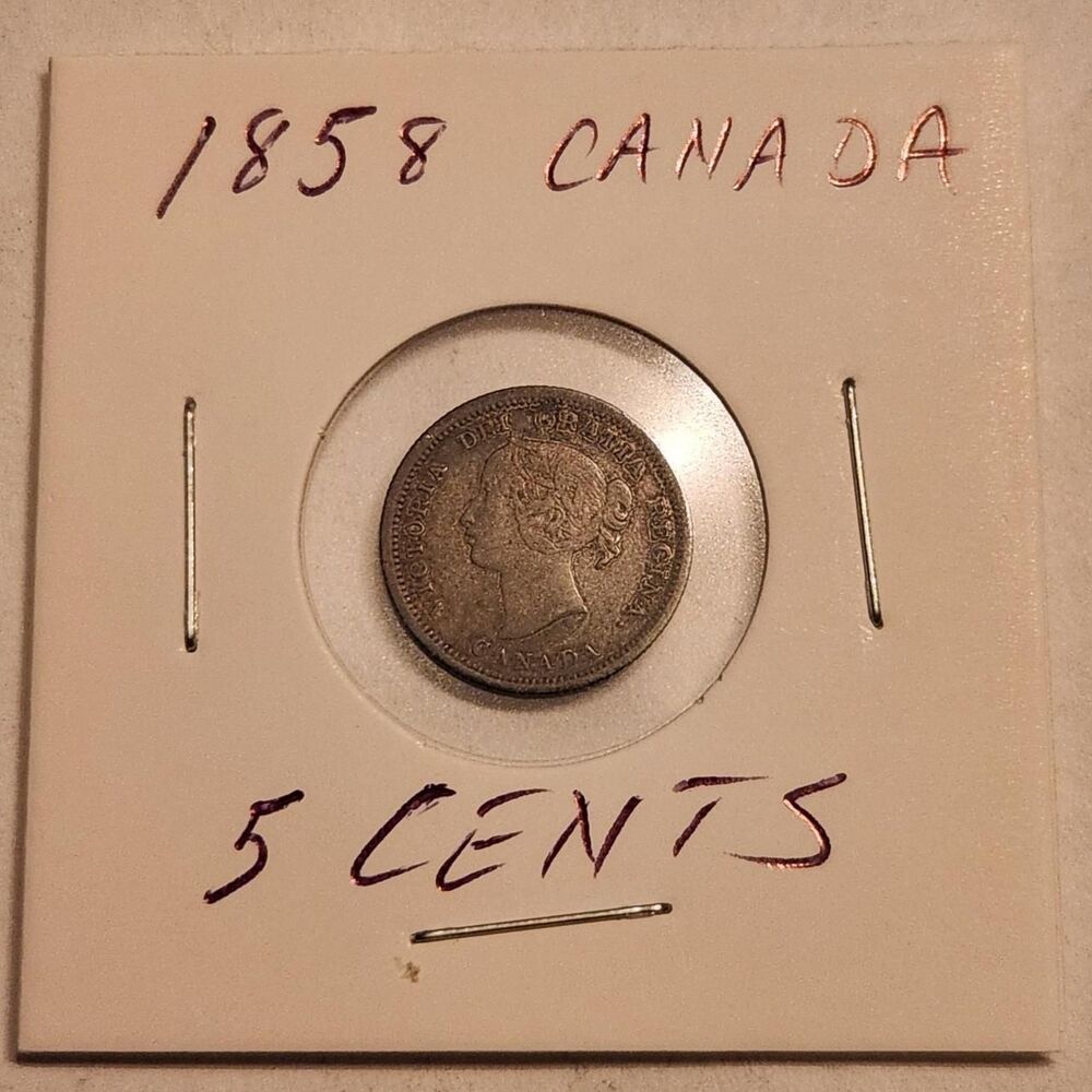This is an 1858 Canadian 5-cent silver coin...